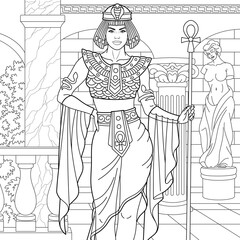 Egyptian lady in vintage royal dress. Adult coloring book page with intricate antistress ornament