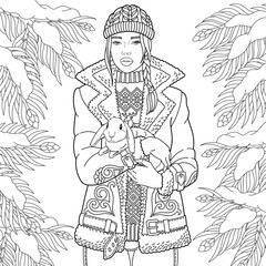 Winter lady with a forest rabbit. Adult coloring book page with intricate antistress ornament
