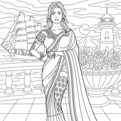 Indian lady in vintage dress near the sea. Adult coloring book page with intricate antistress ornament