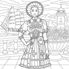 Lady in vintage dress near the sea. Adult coloring book page with intricate antistress ornament