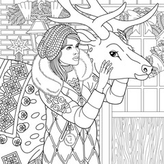 Winter lady with a Christmas reindeer. Adult coloring book page with intricate antistress ornament