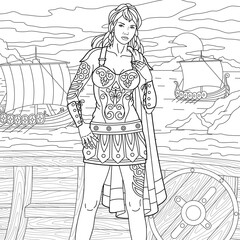 Medieval lady in vintage warrior clothes. Adult coloring book page with intricate antistress ornament
