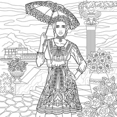 Lady in vintage dress holding summer umbrella. Adult coloring book page with intricate antistress ornament