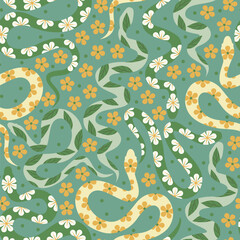Vector seamless pattern with ornate snakes and flowers. - 627260439
