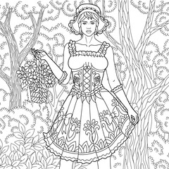 Lady in vintage dress holding floral basket. Adult coloring book page with intricate antistress ornament