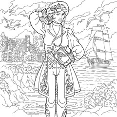 Beautiful lady in vintage clothes near the sea. Adult coloring book page with intricate antistress ornament