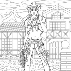 Beautiful lady in cowboy clothes. Adult coloring book page with intricate antistress ornament