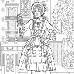 Beautiful lady in vintage dress holding lantern. Adult coloring book page with intricate antistress ornament