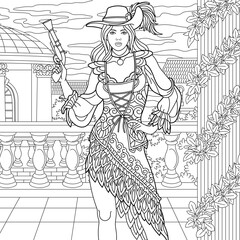 Bandit lady with a gun. Adult coloring book page with intricate antistress ornament
