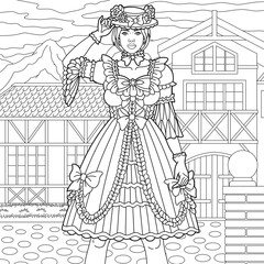 Beautiful lady in vintage dress. Adult coloring book page with intricate antistress ornament
