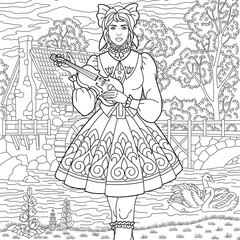 Beautiful lady playing violin in the garden. Adult coloring book page with intricate antistress ornament