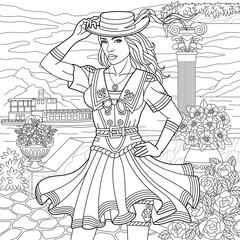 Nautical lady near the sea. Adult coloring book page with intricate antistress ornament