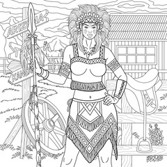 Tribal lady near the horse farm. Adult coloring book page with intricate antistress ornament