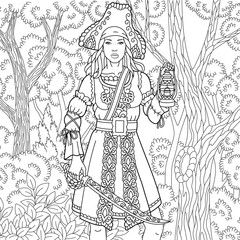 Pirate lady in the woodland. Adult coloring book page with intricate antistress ornament