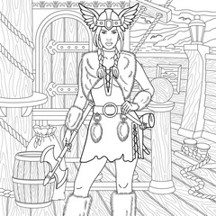 Viking lady sailing the ship. Adult coloring book page with intricate antistress ornament