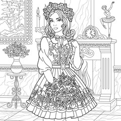 Elegant lady with floral bouquet. Adult coloring book page with intricate antistress ornament