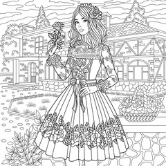 Elegant lady with a rose flower. Adult coloring book page with intricate antistress ornament