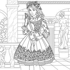 Beautiful vintage lady playing violin. Adult coloring book page with intricate antistress ornament