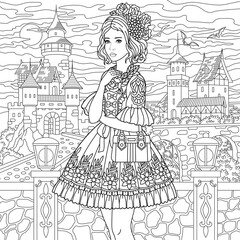 Beautiful lady in vintage dress near spooky castle. Adult coloring book page with intricate antistress ornament