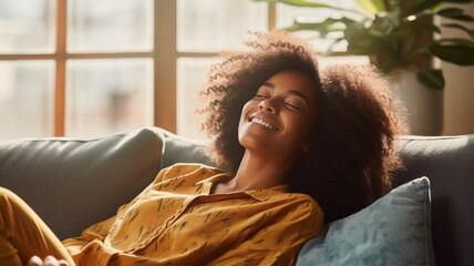Happy Afro American woman relaxing on the sofa at home,Healthy life style, good vibes people and new home concept - obrazy, fototapety, plakaty