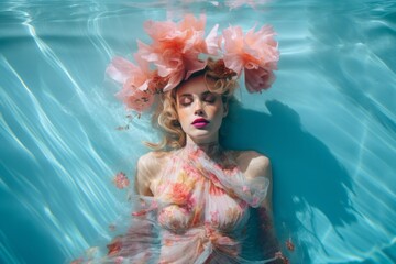 Beautiful woman lies in the water wearing a pastel dress and floral details on her head. Summer sunny scene with lady in pool. Creative artistic scene. Illustration, Generative AI.