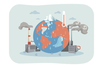 Hot planet suffering from global warming vector illustration. Poor ecology and pollution causing natural disasters, high temperature, melting glaciers. Climate change, ecology concept