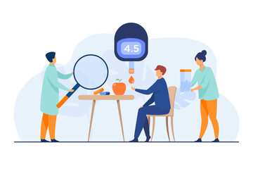Scientists studying diabetes mellitus vector illustration. Patient monitoring sugar level before eating, doctors checking condition with magnifier, giving pills. Health care, medicine concept