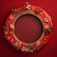 Beautiful floral wreath red flower with gold circle frame picture AI Generated art