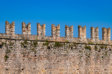 Historic brick wall of a castle or fortress “Rocca di Angera“ in Angera on Lago Maggiore,...