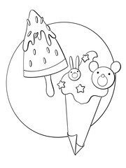 contour line illustration cartoon childish style sweet food menu summer ice cream sundae and cone advertising design element coloring stickers