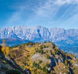 Peaceful autumn Alps mountain sunny view from hiking path from Dorfgastein to Paarseen lakes, Land...