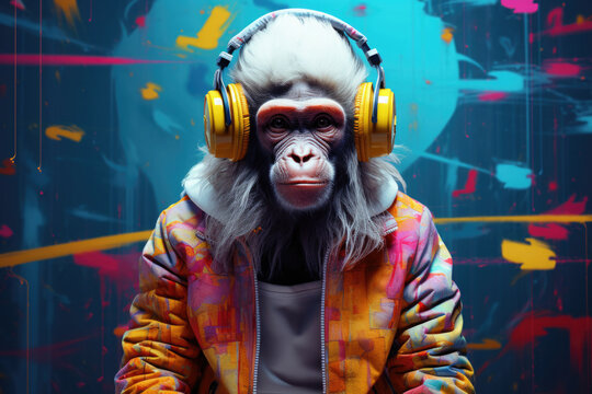 Menschlicher Affe mit Kopfh&ouml;rern und Sonnenbrille
