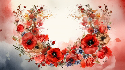 Beautiful poppies floral frame watercolor flowers white background AI Generated image