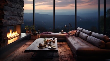 A cozy, burning fireplace in the living room against the backdrop of a panoramic window overlooking the mountains and the forest on a rainy day. The concept of warmth, comfort and relaxation.