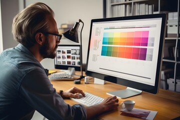 a graphic designer reviewing a color palette on screen, illustrating the process of color selection in design.