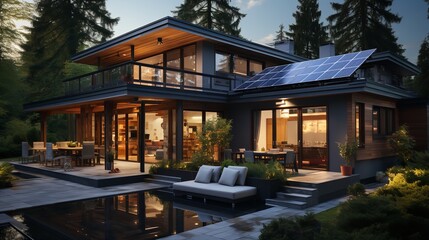 Solar panels on the roof of the house. Concept of a modern ecological house. Hand edited generative AI