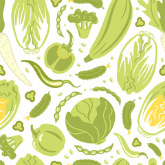 Green vegetables. Peking and white cabbage, cucumbers and beans, bell peppers and jalapenos, broccoli and zucchini. seamless pattern, Healthy lifestyle, proper nutrition, harvesting, veganism