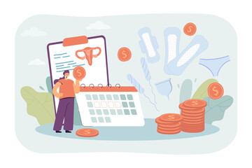 Woman saving money for hygiene products vector illustration. High cost of pads and tampons, women suffering from menstruation. Reproductive health care, finance, female hygiene concept