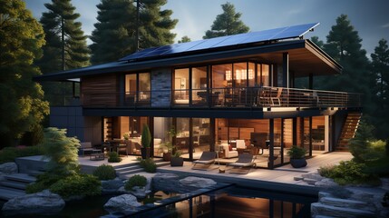 Fototapeta premium Solar panels on the roof of the house. Concept of a modern ecological house. Hand edited generative AI