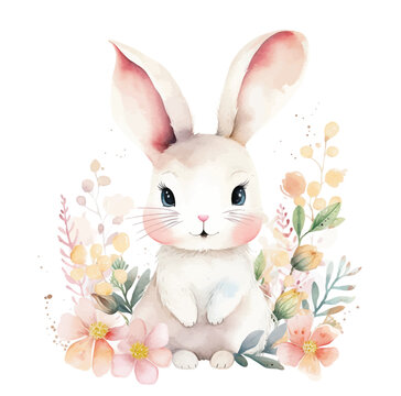 Cutie rabbit surrounded by flowers watercolor paint