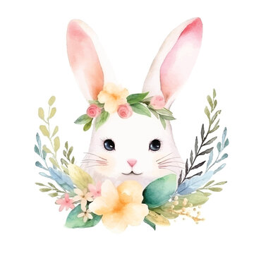 Cutie rabbit with flower crown on head and surrounded by flowers watercolor paint