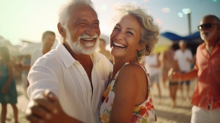 An older couple dancing on the beach at sunset. Health care, Family outdoor lifestyle