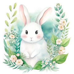 Cutie Bunny with flowers watercolor paint