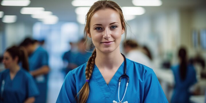 Portrait of a young nursing student or doctor intern standing with her team in hospital, dressed in scrubs. High quality image. Generative AI.