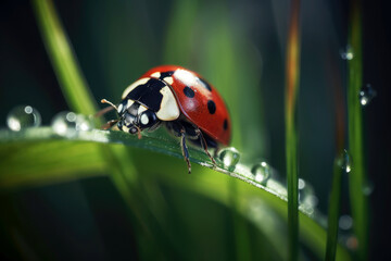 Ladybug on green grass with dewdrops