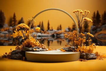 Autumn display podium with tree water reflection background, 3d illustration, generative AI