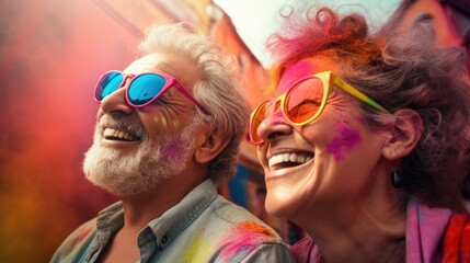 Close up vivid portrait of an elderly couple, happy man and woman traveling. Elderly travelers, AI generated