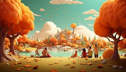 Family activity in autumn park, cartoon style, generative AI