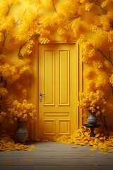 Door with autumn tree on yellow orange background copy space text, 3d illustration, generative AI