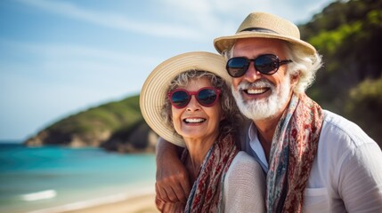 Fototapeta premium Elderly couple happy together, cuddling on the beach. Portrait, close-up. Vacation of pensioners. AI generated